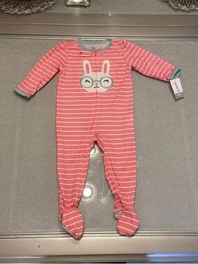 Carter's NWT Pink Striped Pajamas With bunny face One-Piece with Mint Trim